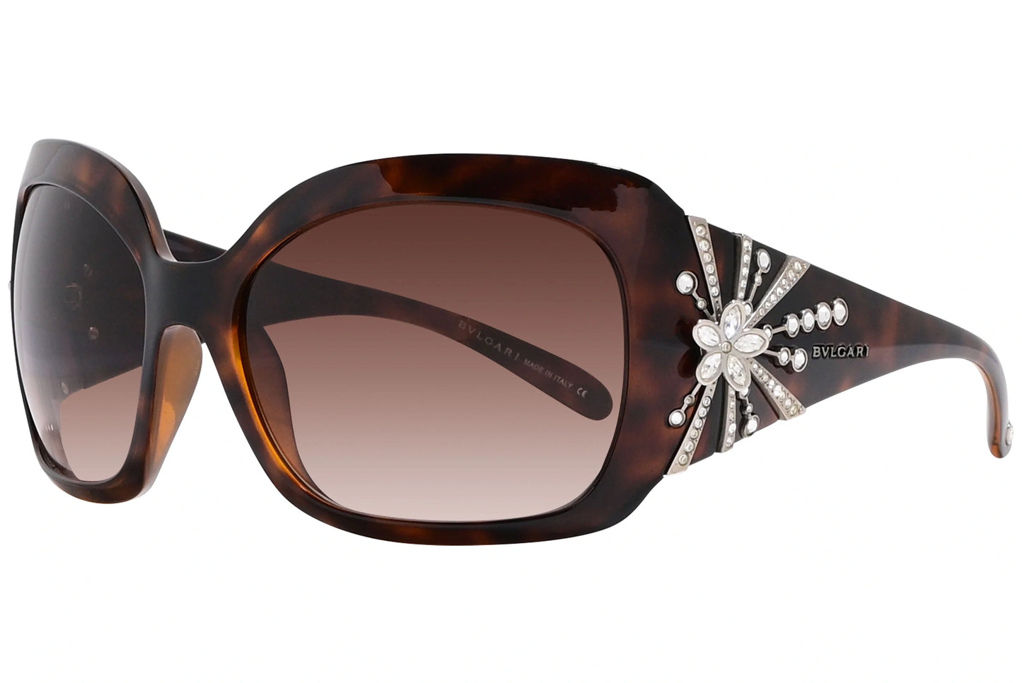 Bvlgari Tortoise Color Wrap Around Sunglasses Viewed From A 45-Degree Angle.