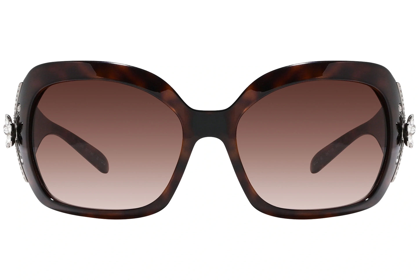 Bvlgari Tortoise Color Wrap Around Sunglasses Viewed From Front Angle.