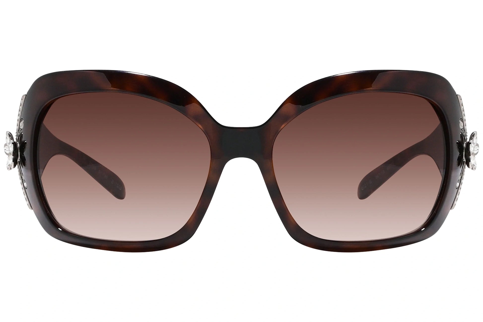 Bvlgari Tortoise Color Wrap Around Sunglasses Viewed From Front Angle.