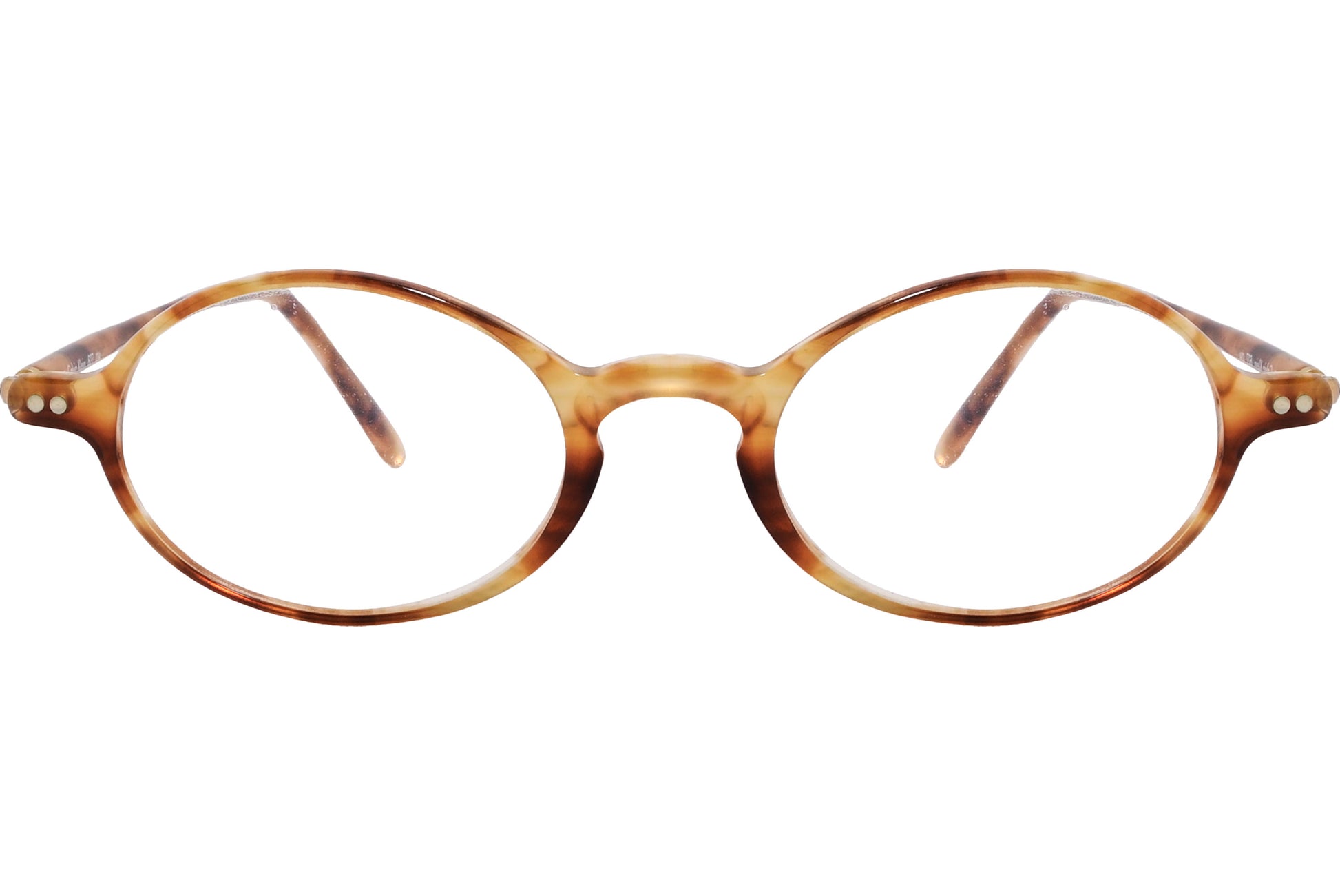 Close-up of men’s orange oval eyeglasses showing frame color and details


