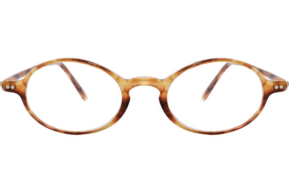 Close-up of men’s orange oval eyeglasses showing frame color and details

