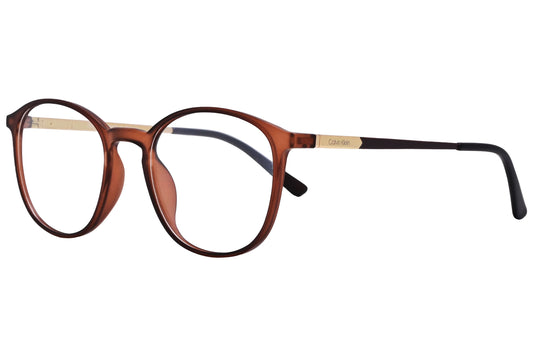 Calvin Klein Round Brown Eyeglasses Frame Viewed From A 45-Degree Angle.