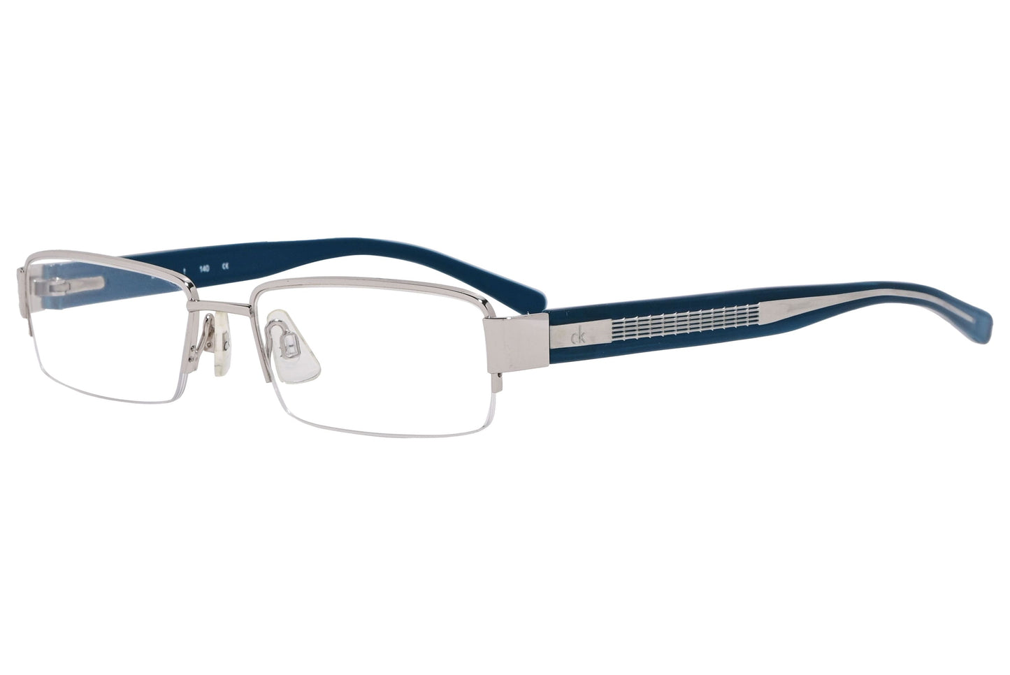 Calvin Klein Rectangle Blue Eyeglasses Frame Viewed From A 45-Degree Angle.