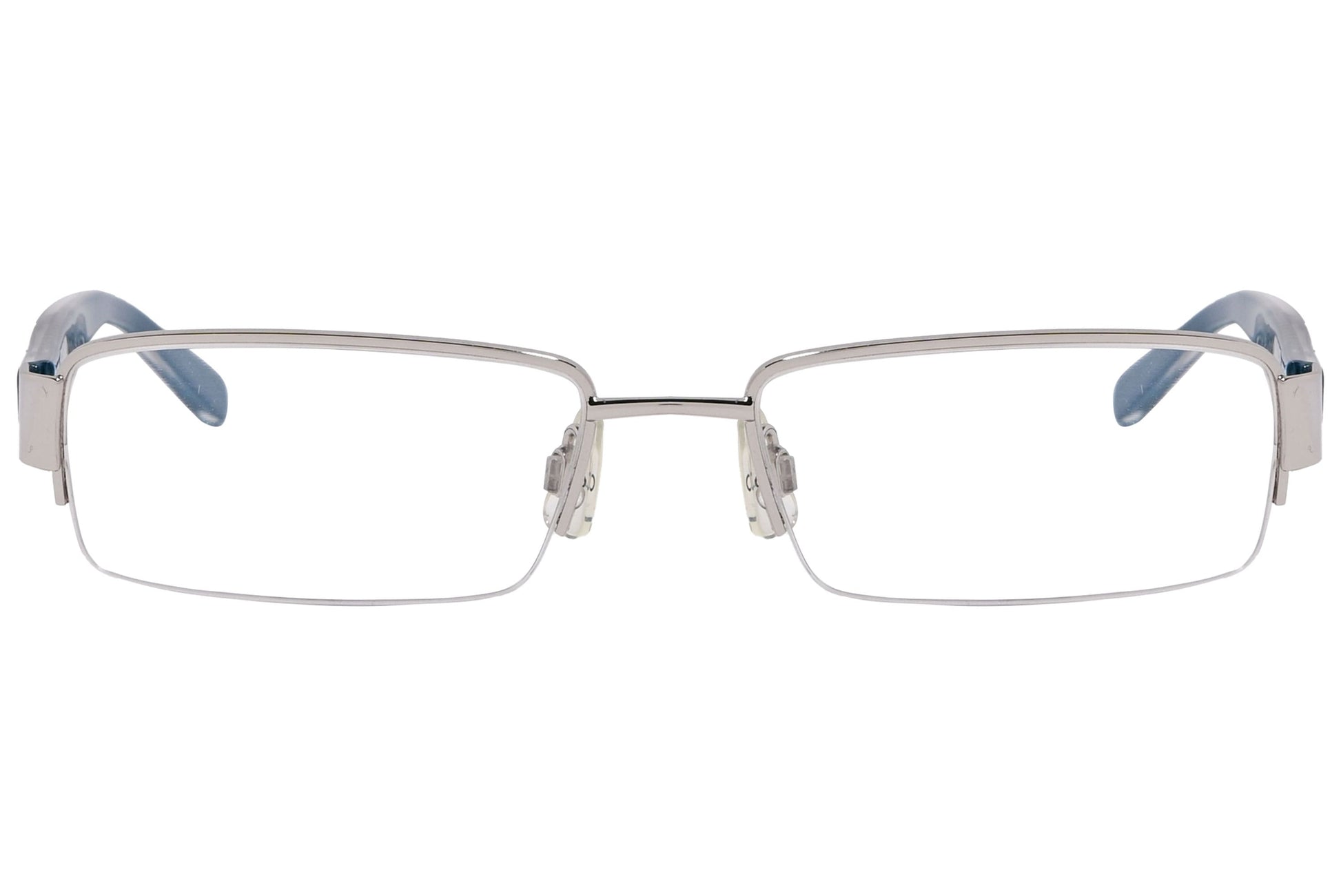 Calvin Klein Rectangle Blue Eyeglasses Frame Viewed From Front Angle.