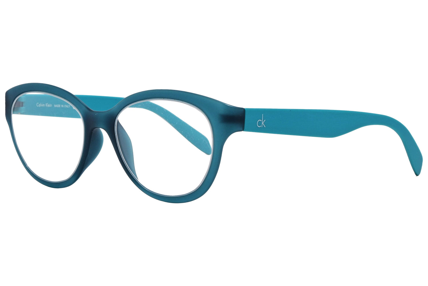 Calvin Klein Round Teal Eyeglasses Frame Viewed From A 45-Degree Angle.