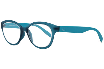 Calvin Klein Round Teal Eyeglasses Frame Viewed From A 45-Degree Angle.