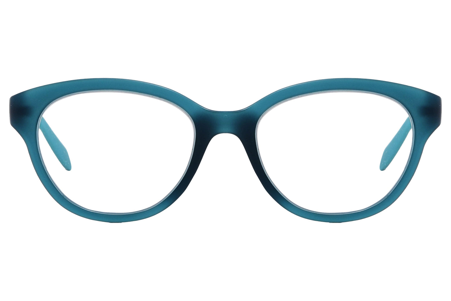 Calvin Klein Round Teal Eyeglasses Frame Viewed From Front Angle.