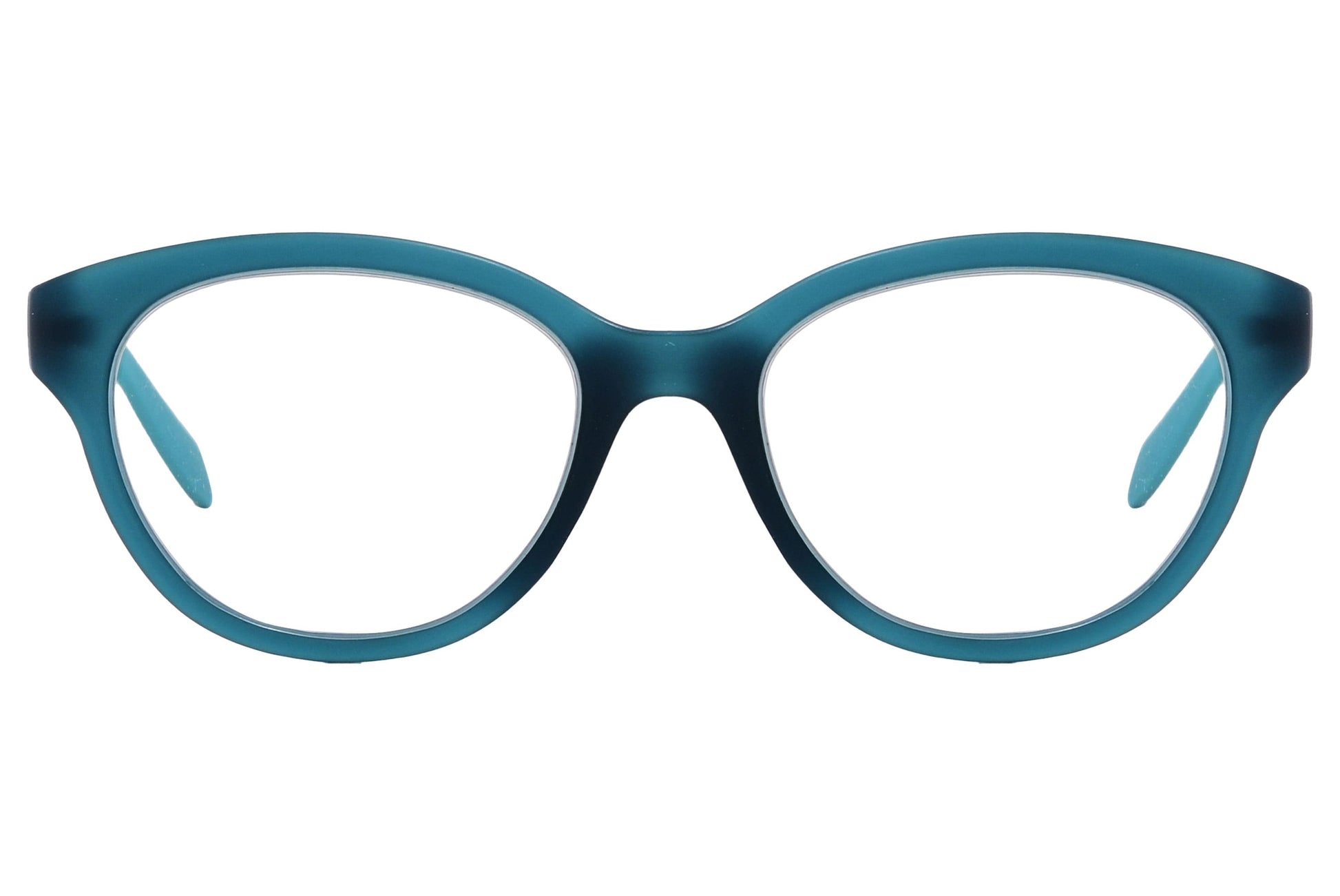 Calvin Klein Round Teal Eyeglasses Frame Viewed From Front Angle.