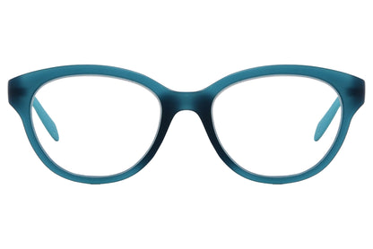 Calvin Klein Round Teal Eyeglasses Frame Viewed From Front Angle.