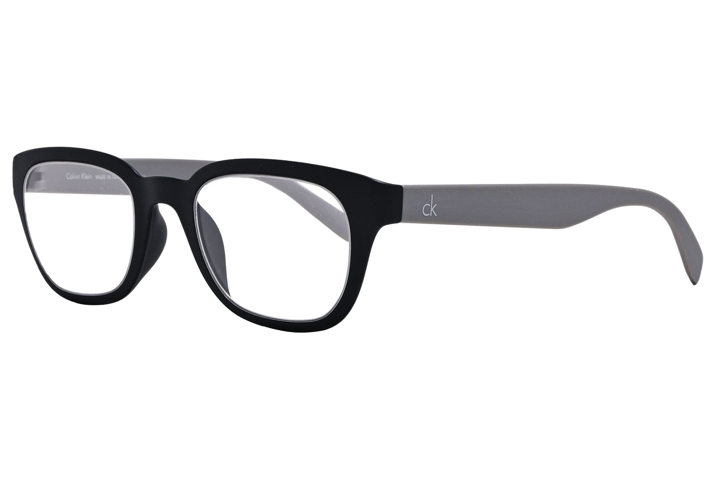 Calvin Klein Rectangle Gray Eyeglasses Frame Viewed From A 45-Degree Angle.