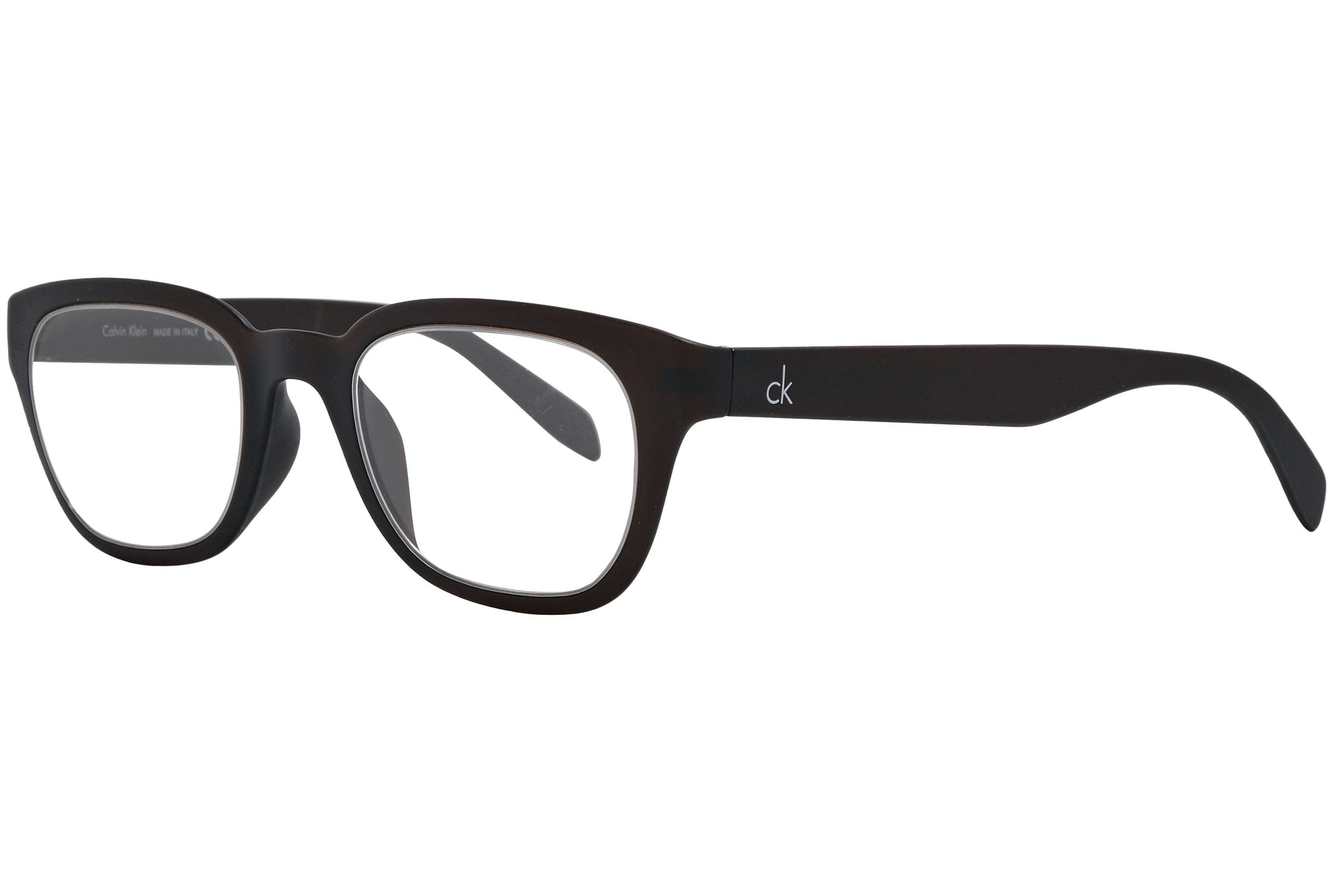 Calvin Klein Rectangle Brown Eyeglasses Frame Viewed From A 45-Degree Angle.