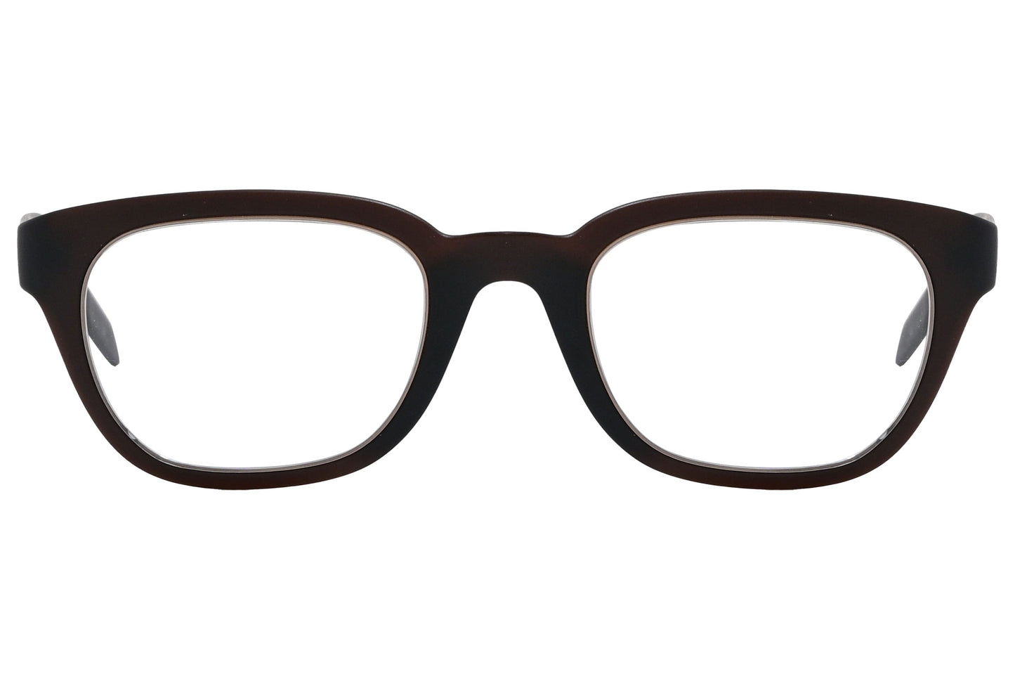 Calvin Klein Rectangle Brown Eyeglasses Frame Viewed From Front Angle.