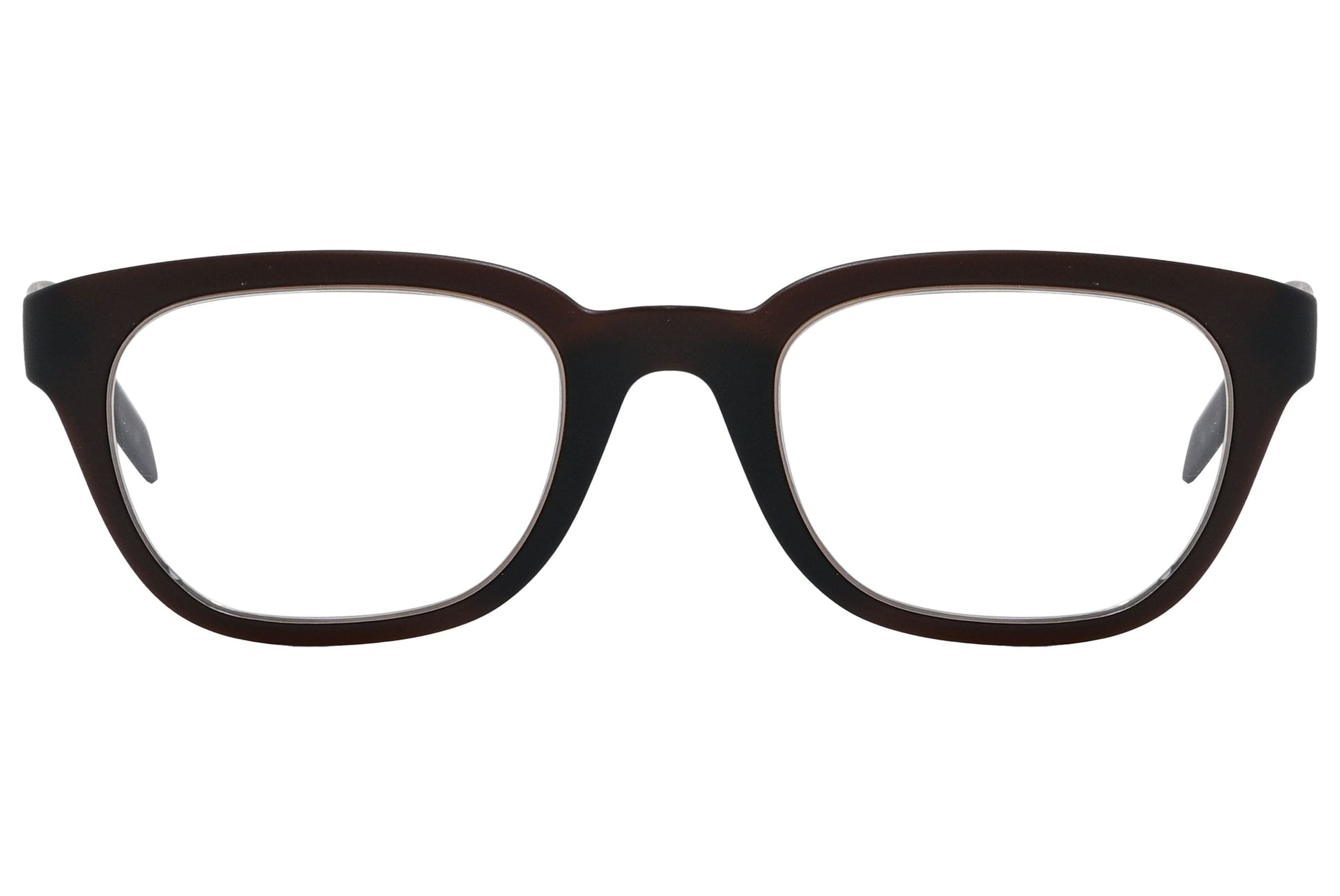 Calvin Klein Rectangle Brown Eyeglasses Frame Viewed From Front Angle.