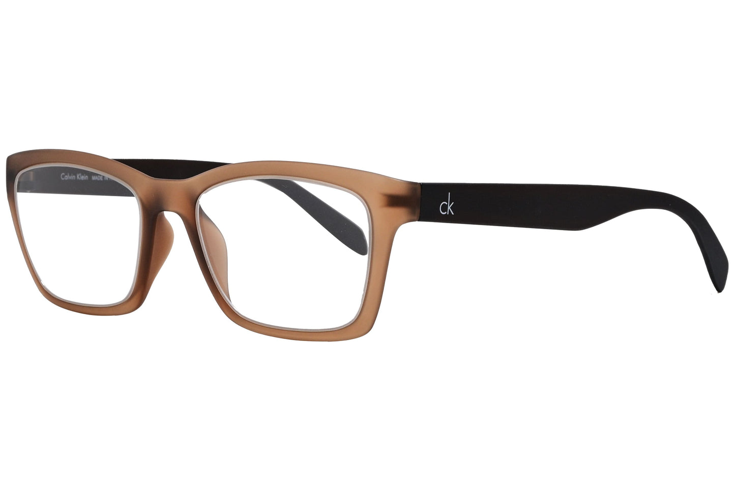 Calvin Klein Wayfarer Brown Eyeglasses Frame Viewed From A 45-Degree Angle.