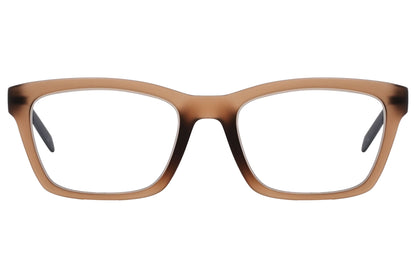 Calvin Klein Wayfarer Brown Eyeglasses Frame Viewed From Front Angle.