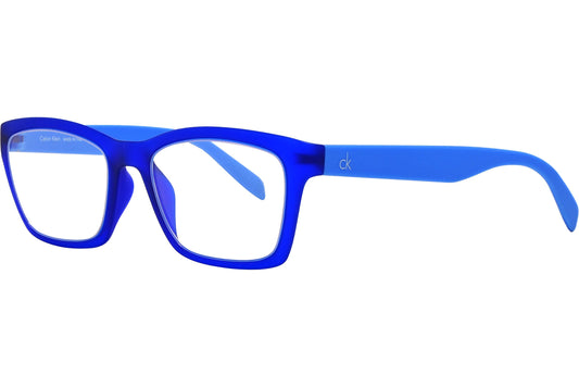 Calvin Klein Wayfarer Blue Eyeglasses Frame Viewed From A 45-Degree Angle.