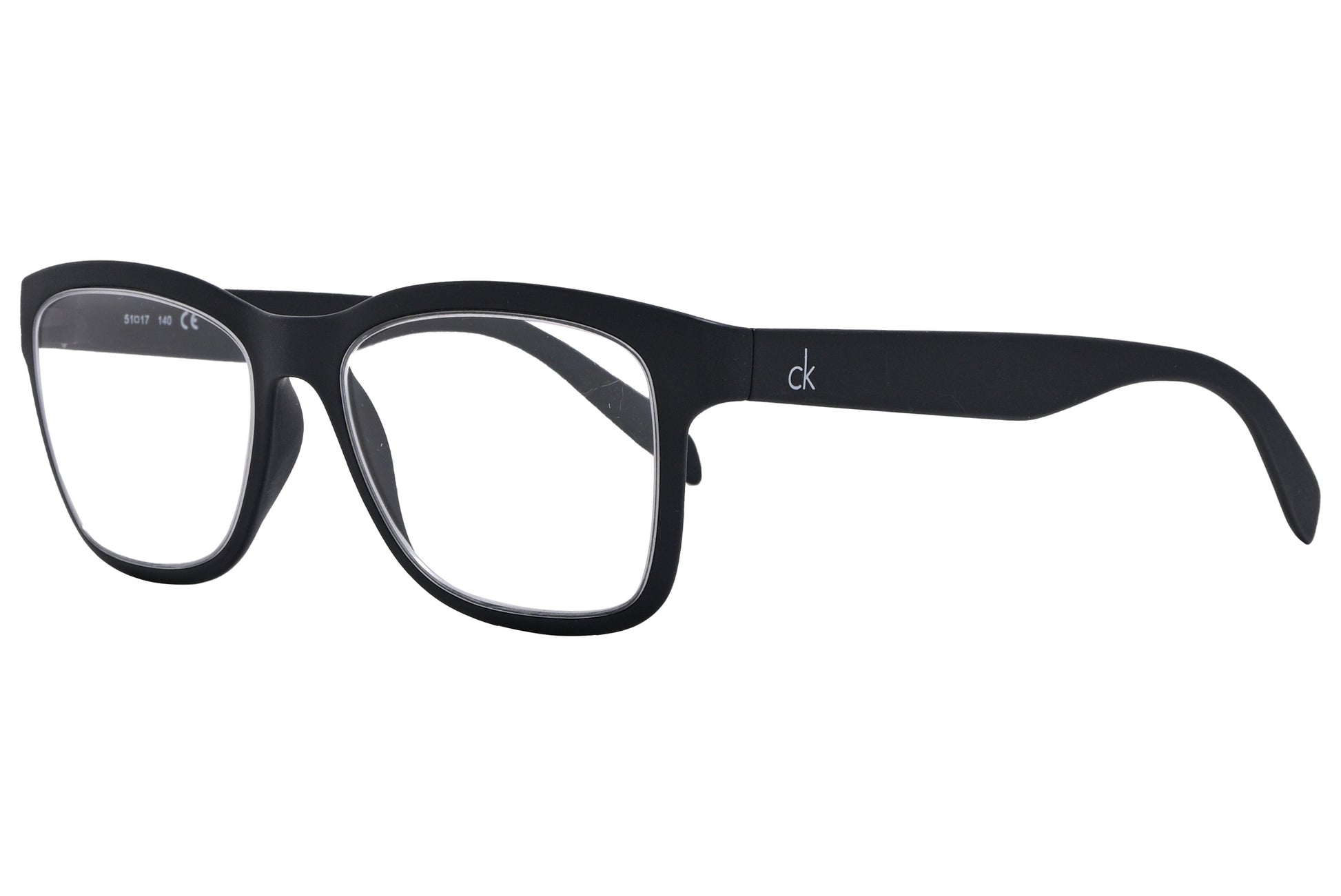 Side view of men’s black wayfarer eyeglasses with bold rectangular frame

