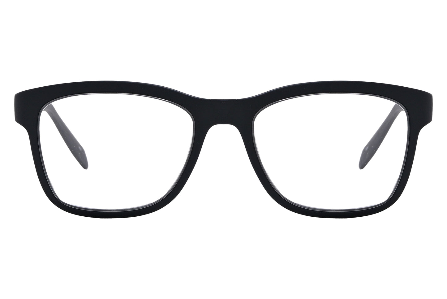 Close-up of black wayfarer eyeglasses for men showing matte frame finish

