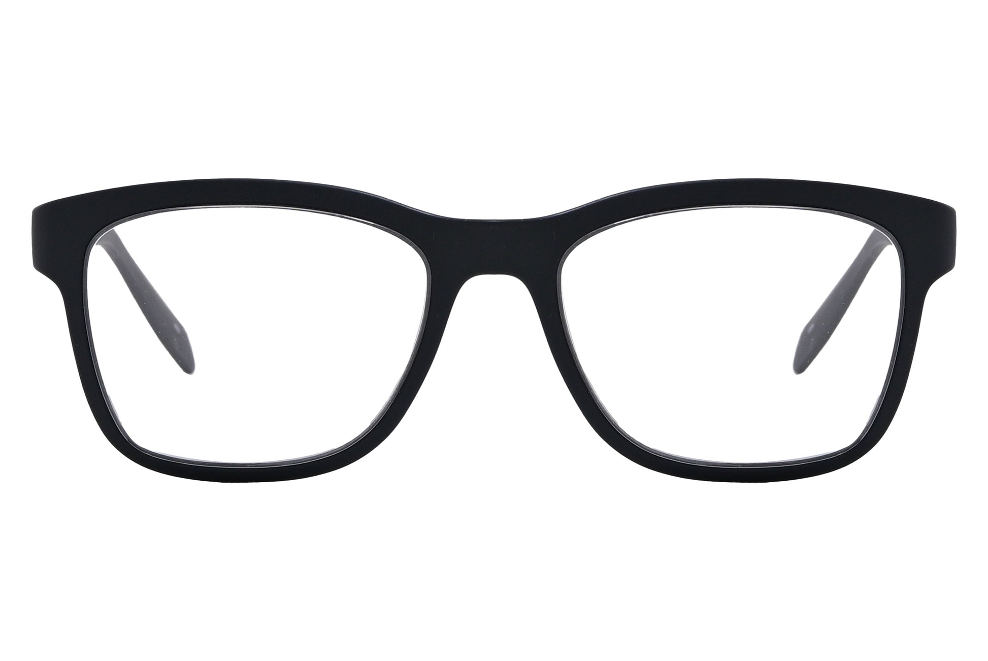 Close-up of black wayfarer eyeglasses for men showing matte frame finish

