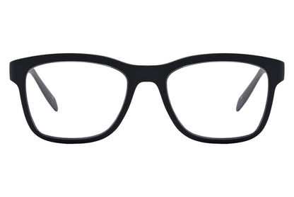 Close-up of black wayfarer eyeglasses for men showing matte frame finish

