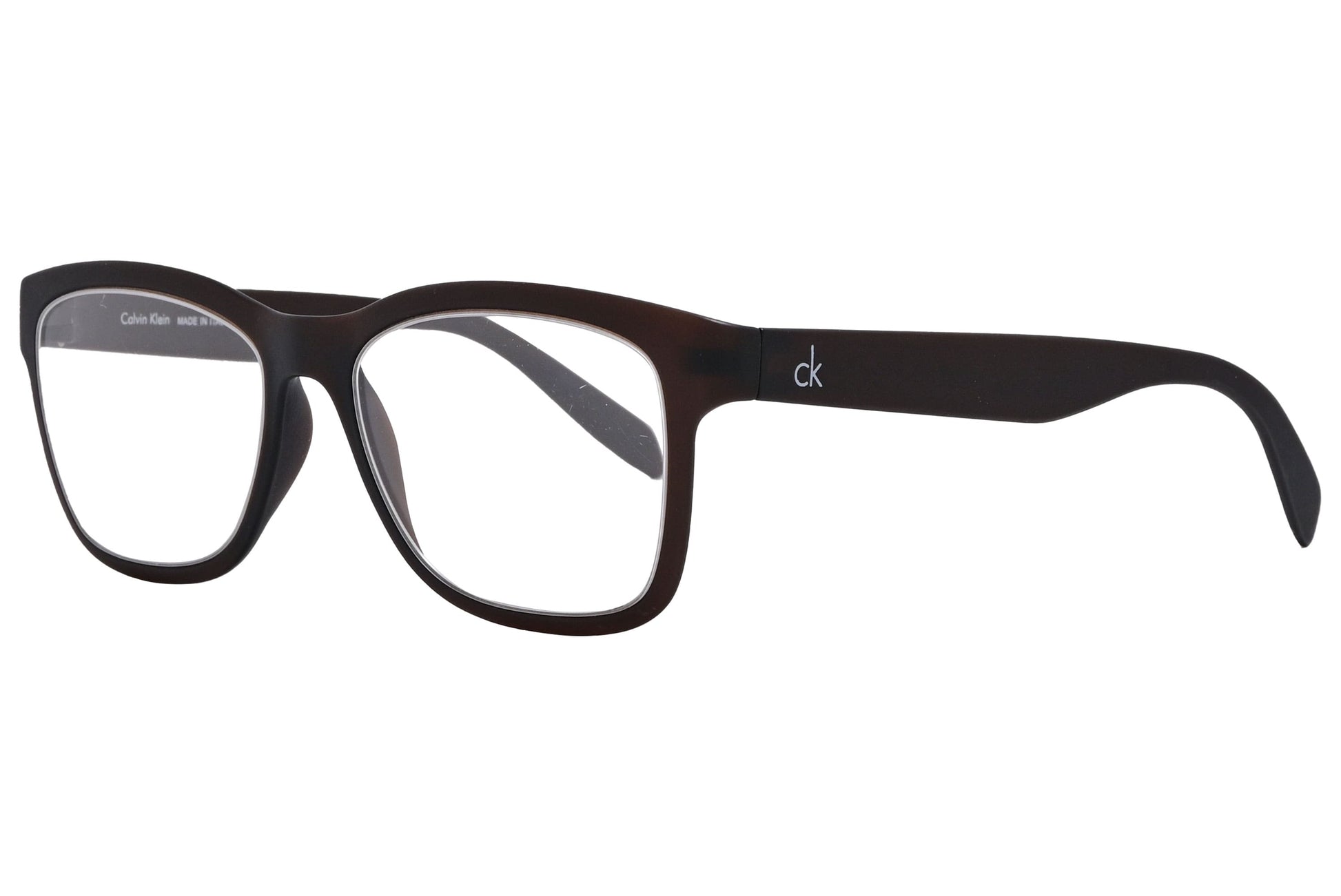 Calvin Klein Wayfarer Brown Eyeglasses Frame Viewed From A 45-Degree Angle.