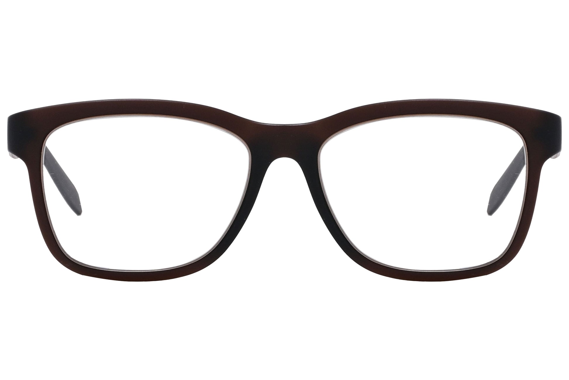 Calvin Klein Wayfarer Brown Eyeglasses Frame Viewed From Front Angle.