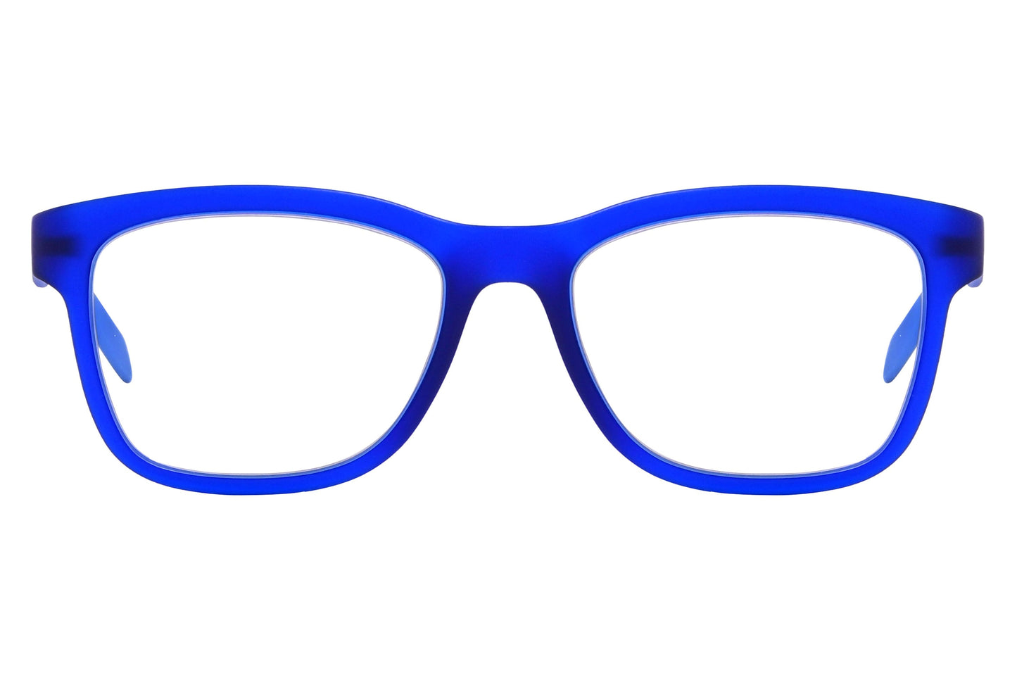 Calvin Klein Wayfarer Blue Eyeglasses Frame Viewed From Front Angle.