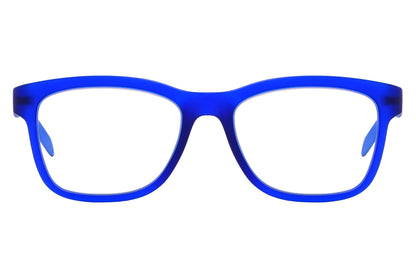 Calvin Klein Wayfarer Blue Eyeglasses Frame Viewed From Front Angle.