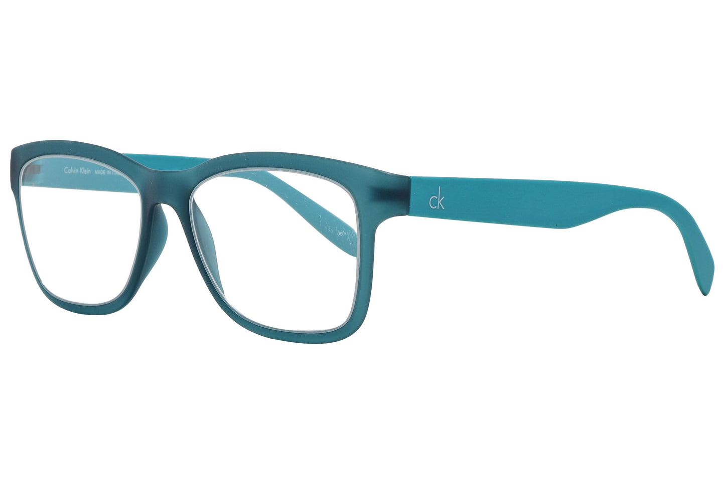 Calvin Klein Wayfarer Teal Eyeglasses Frame Viewed From A 45-Degree Angle.