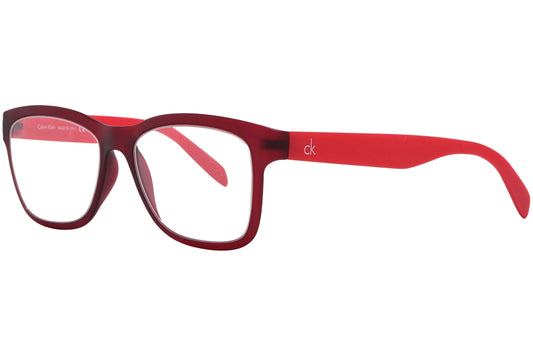 Calvin Klein Wayfarer Red Eyeglasses Frame Viewed From A 45-Degree Angle.