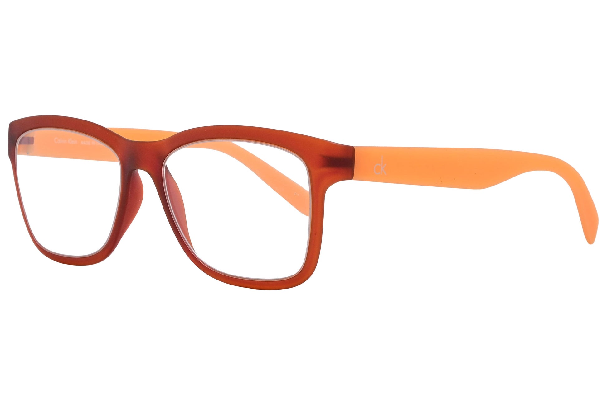 Calvin Klein Wayfarer Orange Eyeglasses Frame Viewed From A 45-Degree Angle.