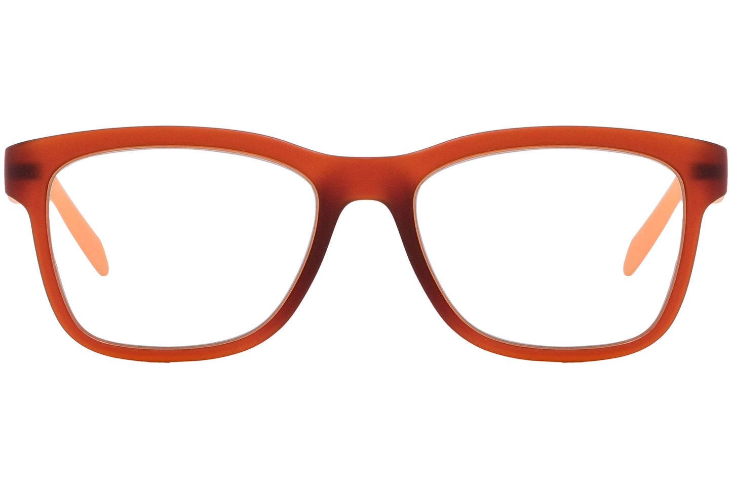 Calvin Klein Wayfarer Orange Eyeglasses Frame Viewed From Front Angle.