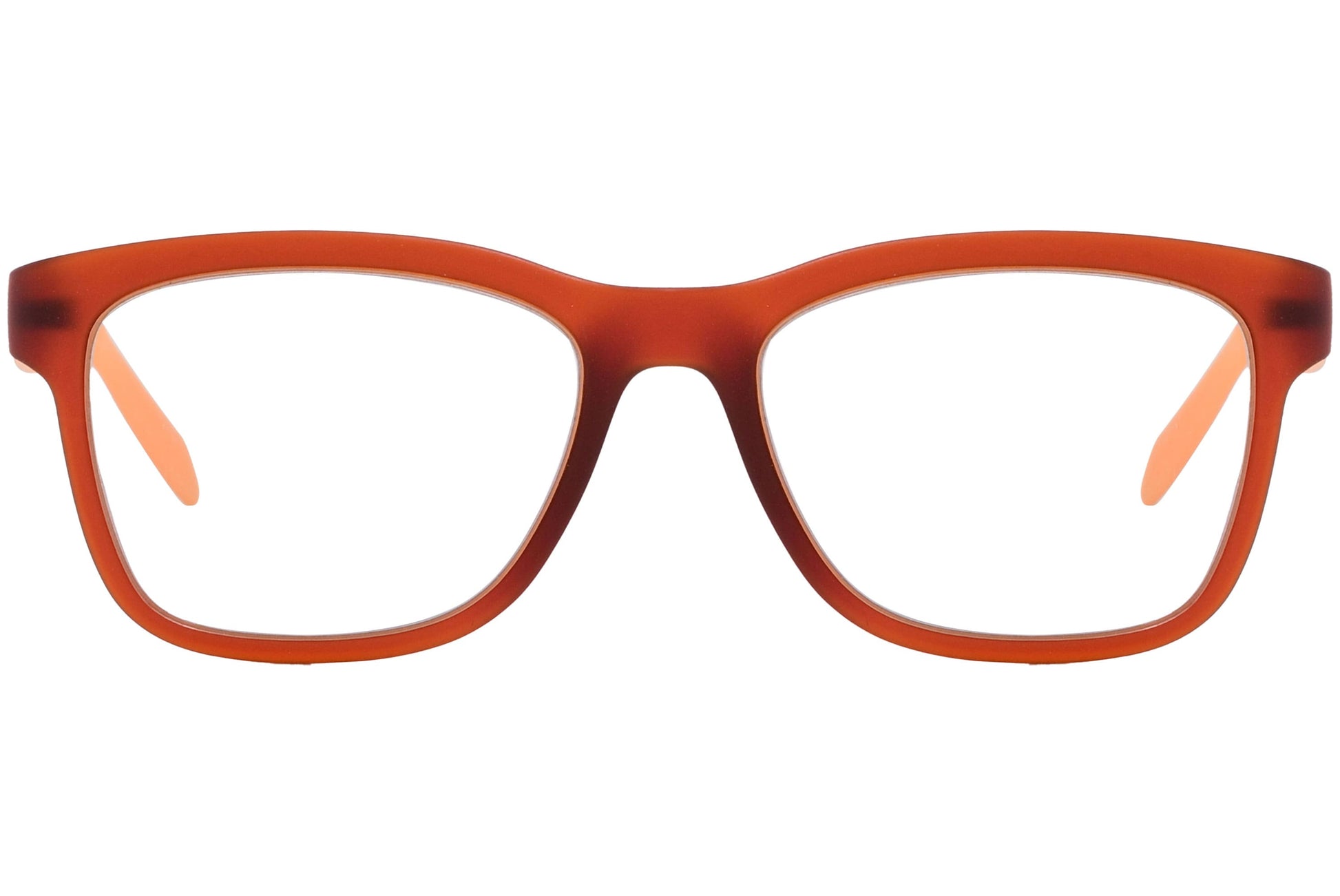 Calvin Klein Wayfarer Orange Eyeglasses Frame Viewed From Front Angle.