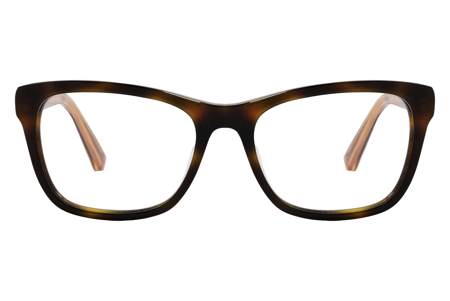 Calvin Klein Wayfarer Tortoise Eyeglasses Frame Viewed From Front Angle.