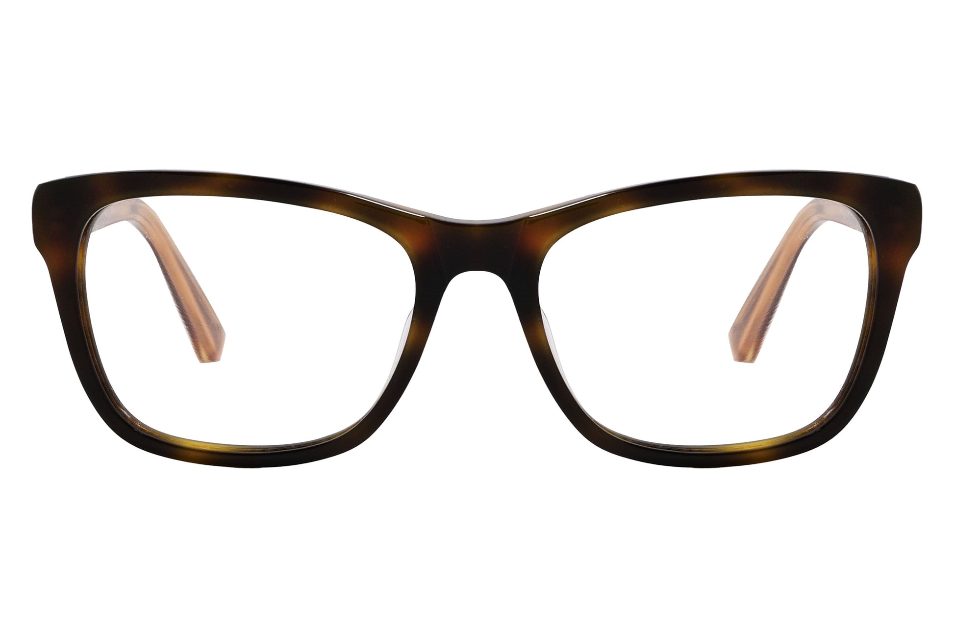 Calvin Klein Wayfarer Tortoise Eyeglasses Frame Viewed From Front Angle.