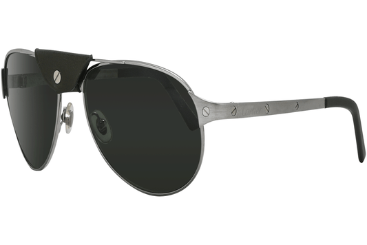 Sunglasses with black lenses and silver frame on a white background