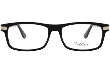 cellini rectangle black eyeglasses frame viewed from front angle.