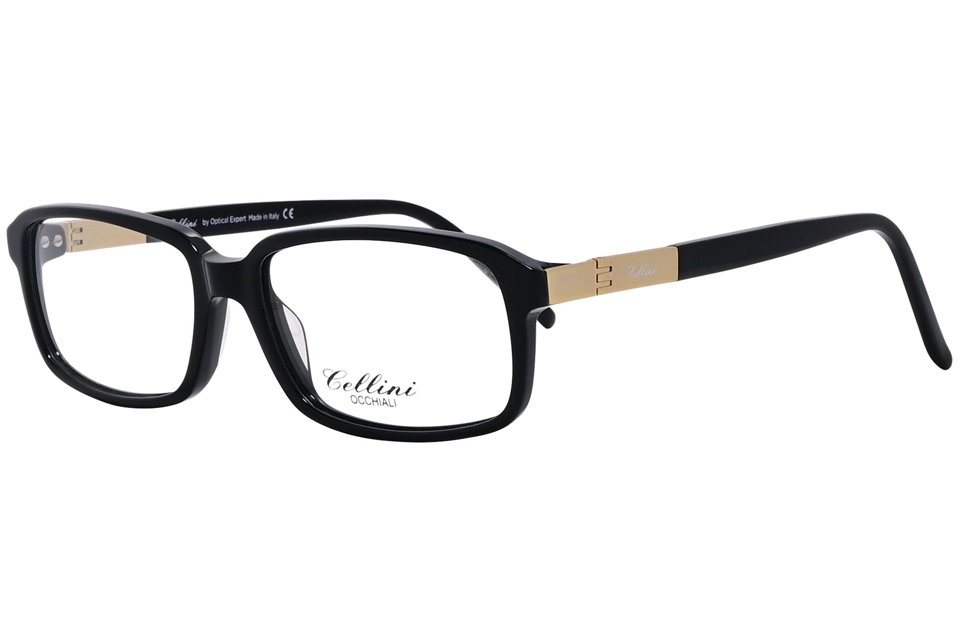 cellini rectangle black eyeglasses frame viewed from a 45-degree angle.