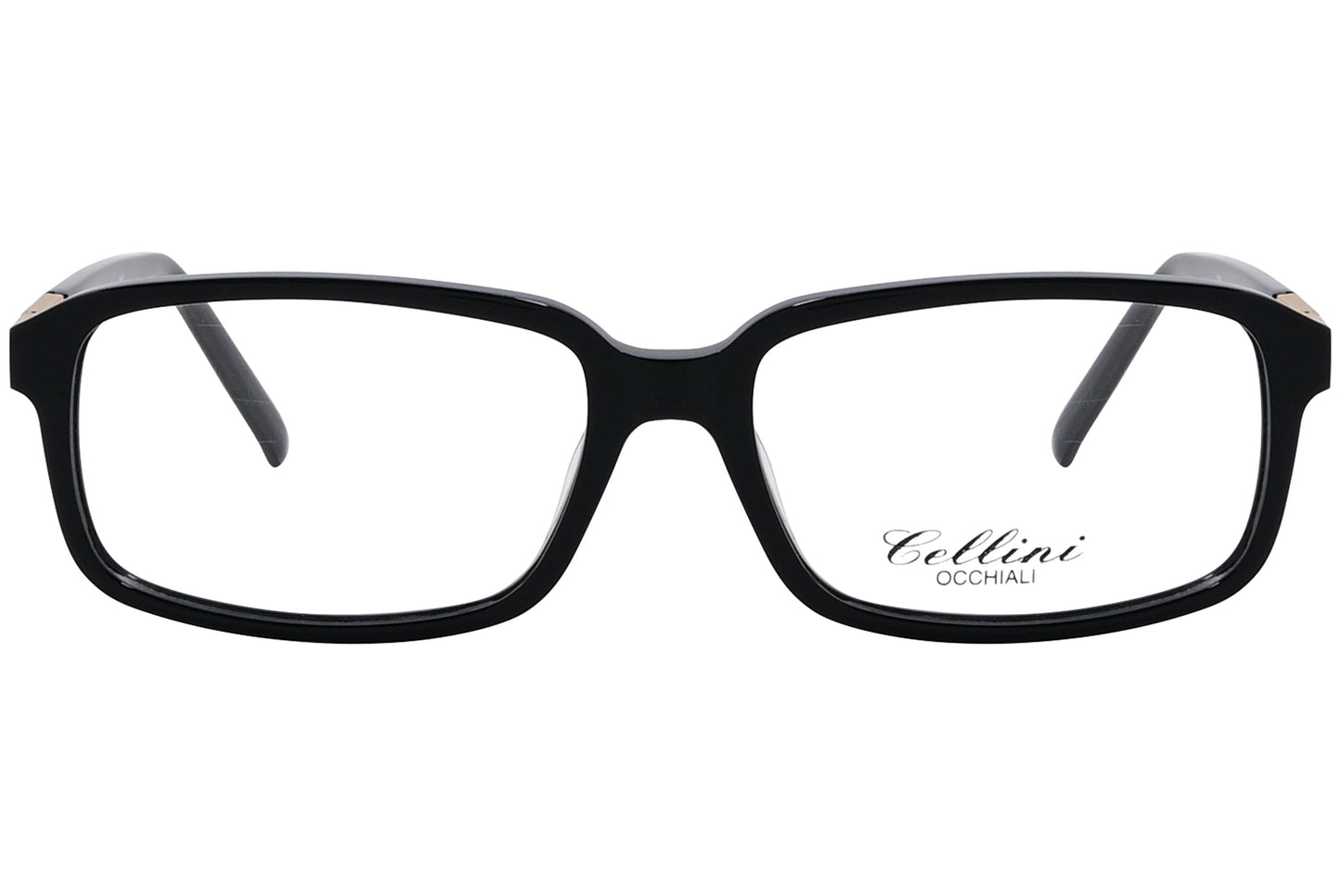 cellini rectangle black eyeglasses frame viewed from front angle.