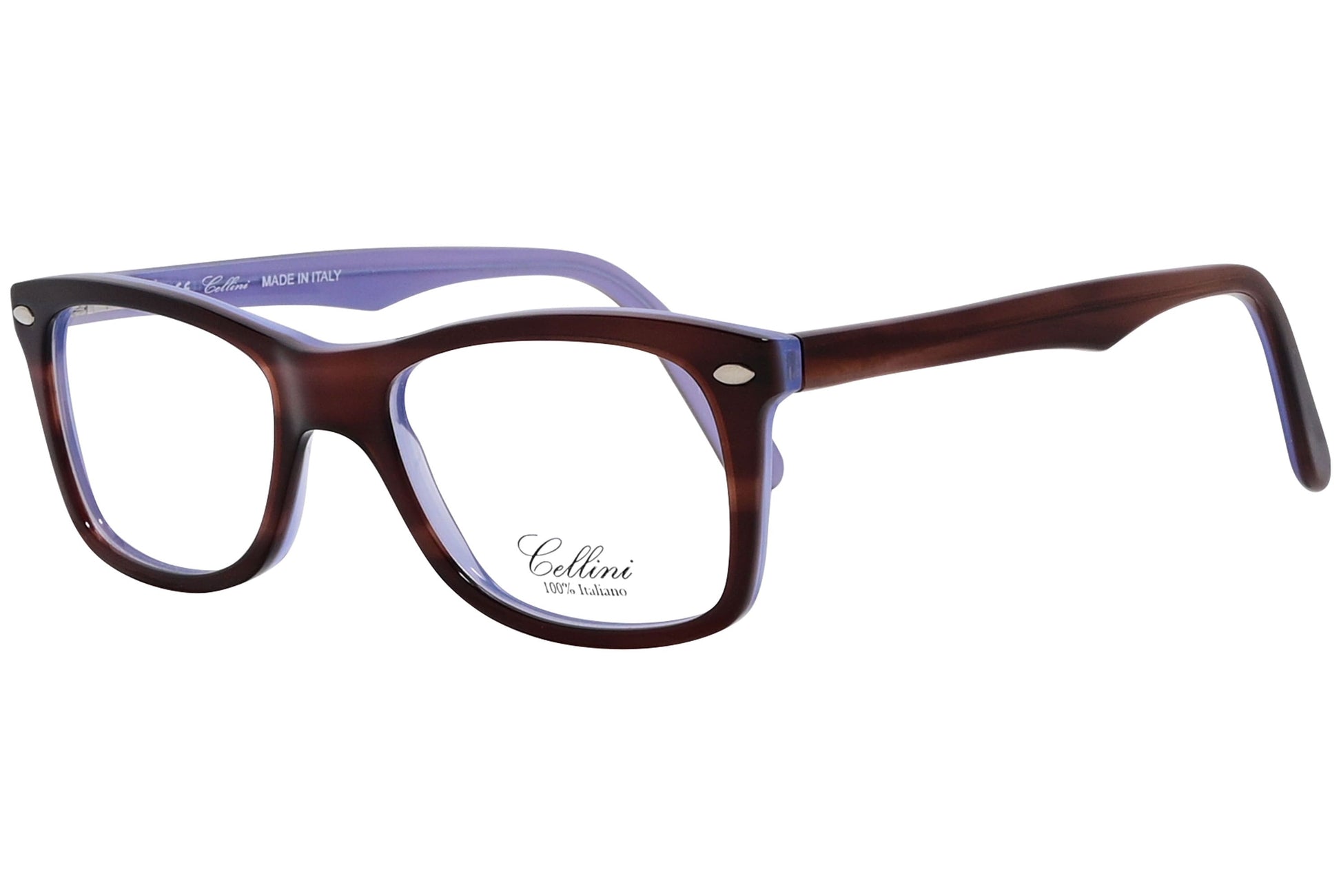 cellini rectangle brown eyeglasses frame viewed from a 45-degree angle.