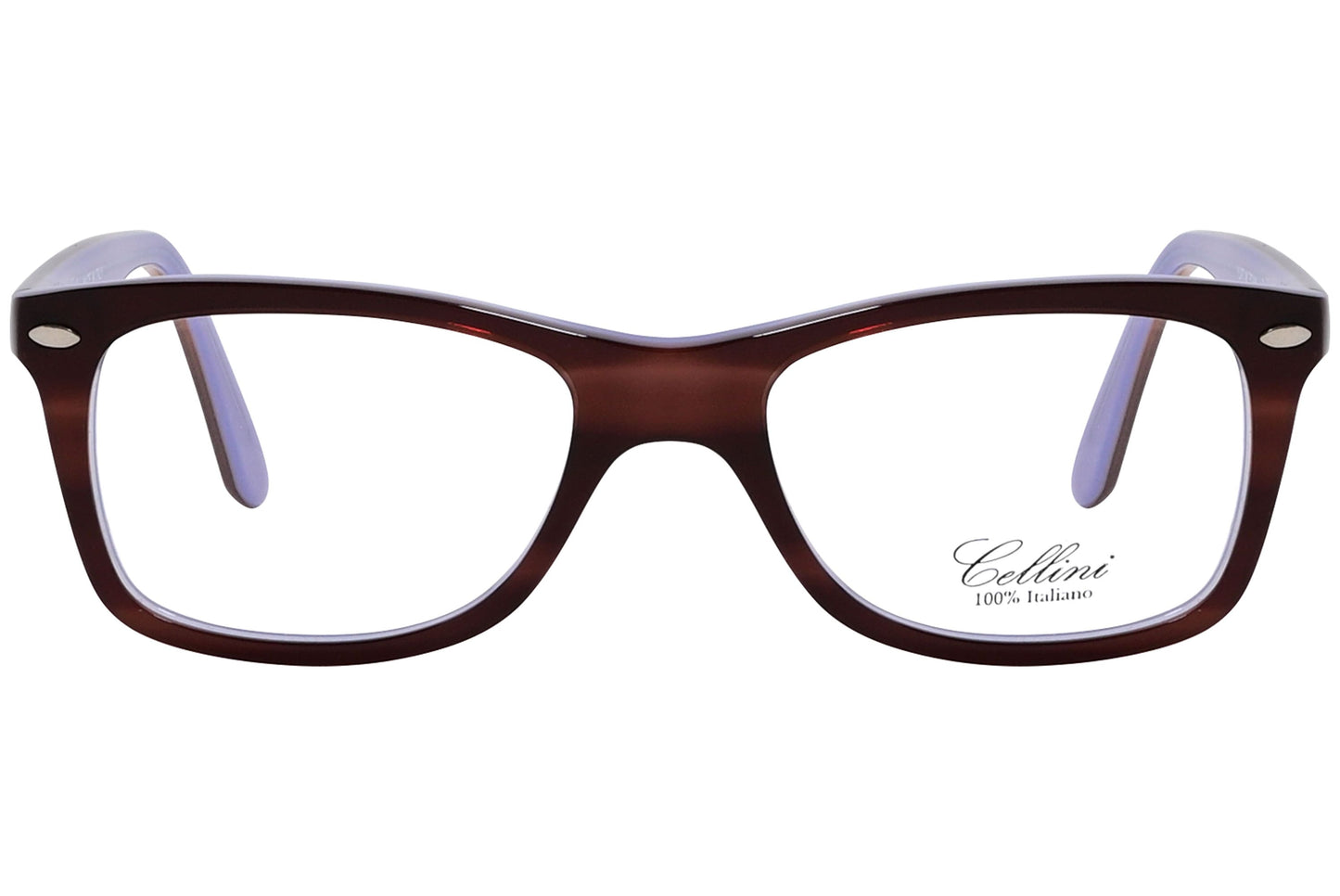 cellini rectangle brown eyeglasses frame viewed from front angle.