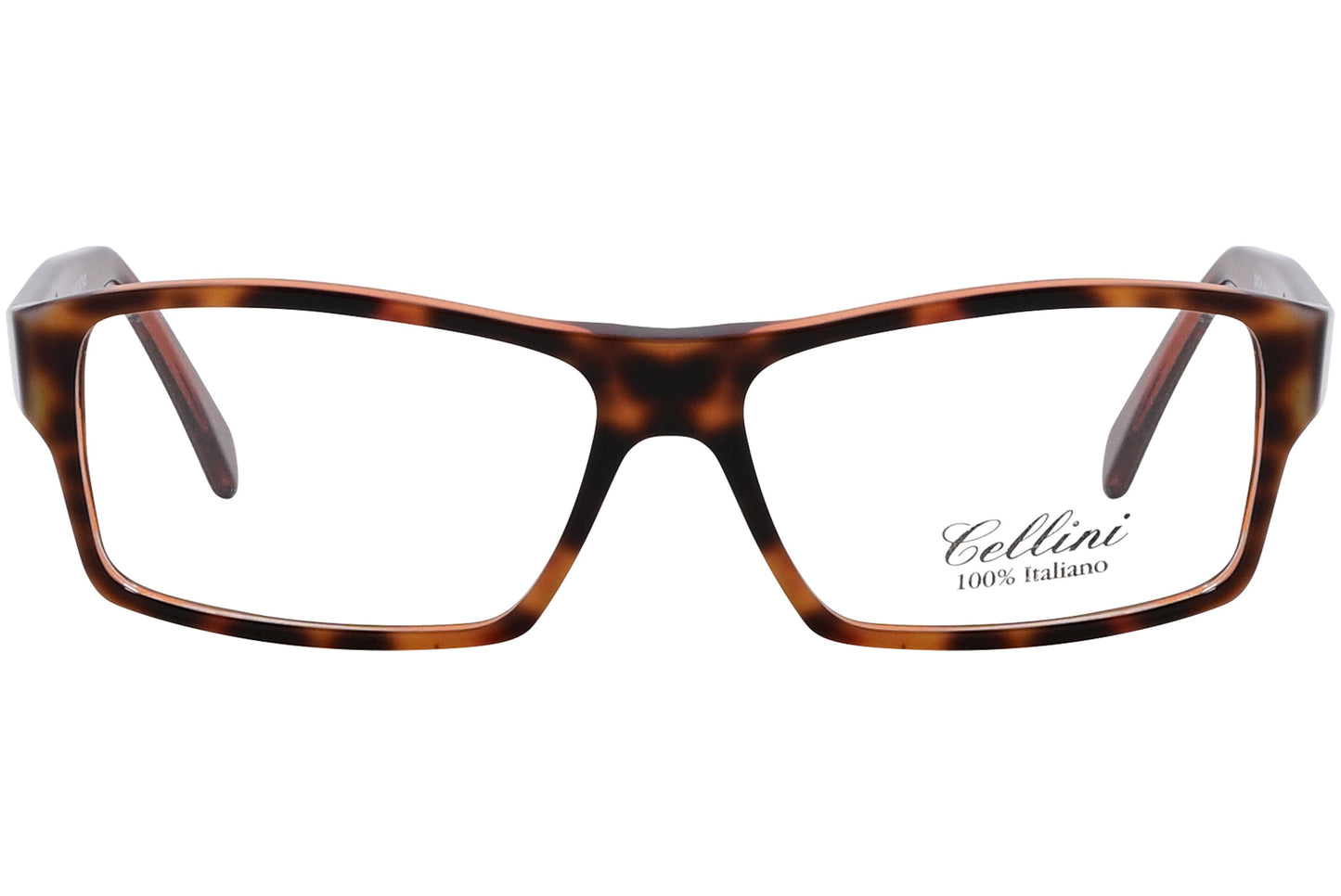 cellini wayfarer tortoise eyeglasses frame viewed from front angle.