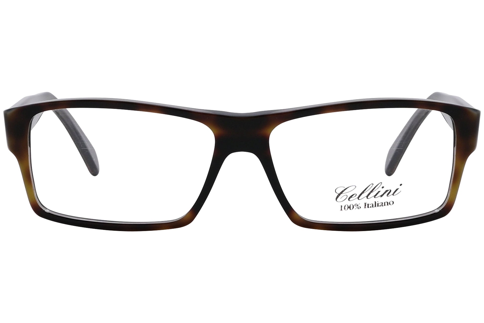 cellini wayfarer tortoise eyeglasses frame viewed from front angle.