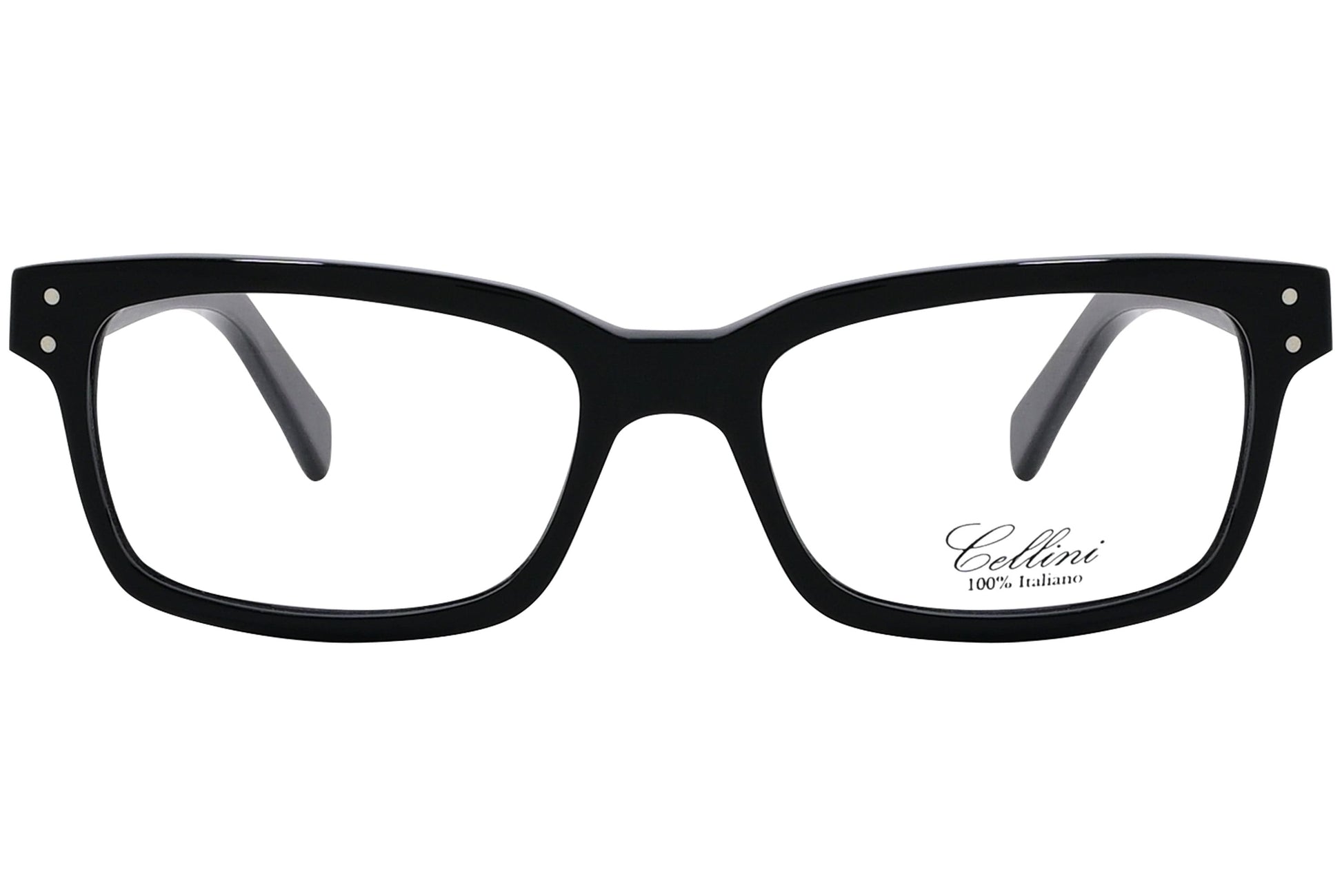 cellini wayfarer black eyeglasses frame viewed from front angle.