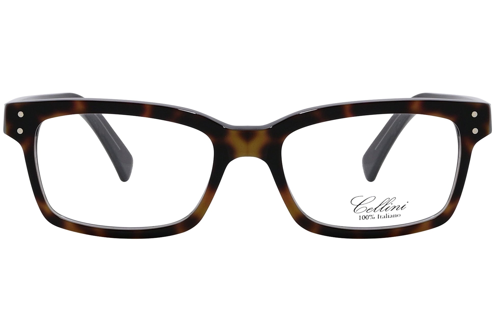 cellini wayfarer tortoise eyeglasses frame viewed from front angle.