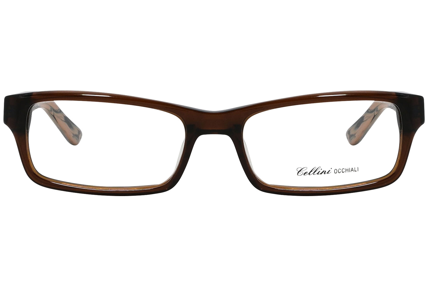 cellini rectangle brown eyeglasses frame viewed from front angle.