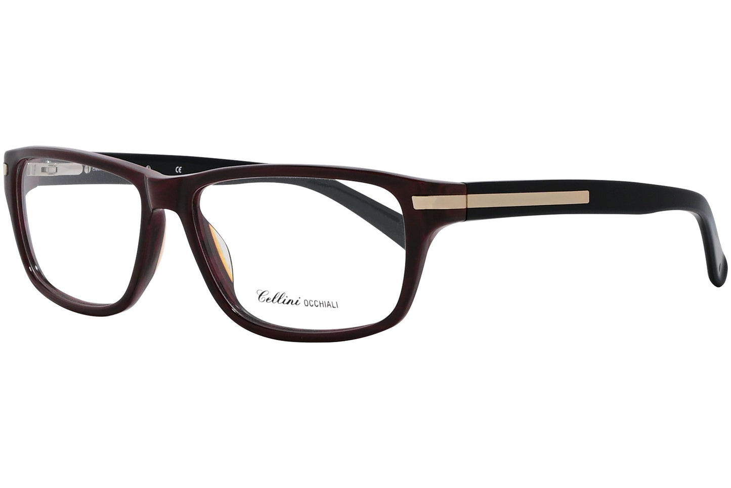 cellini rectangle red eyeglasses frame viewed from a 45-degree angle.