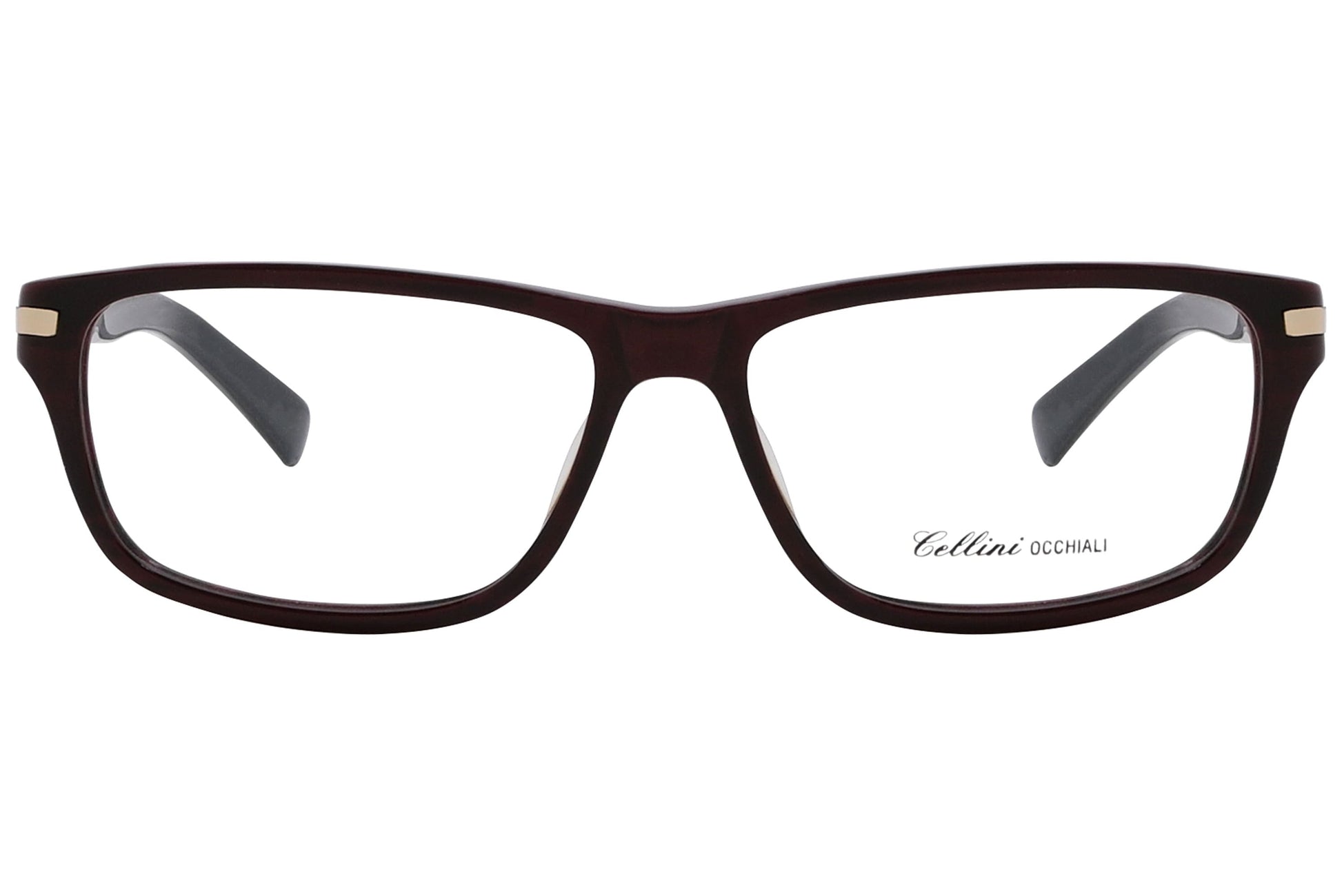 cellini rectangle red eyeglasses frame viewed from front angle.