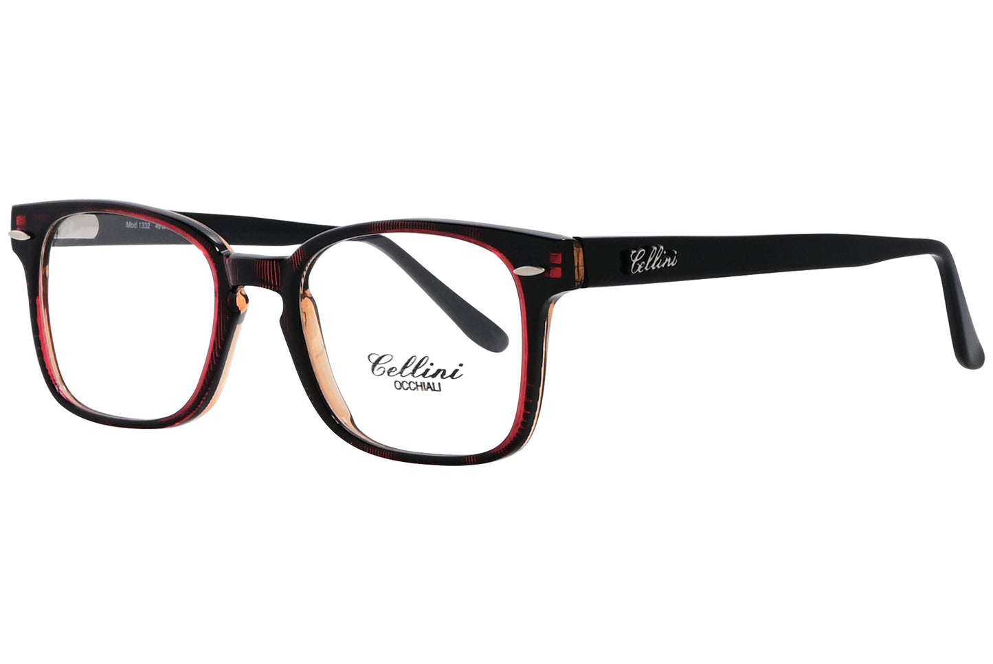 cellini square red eyeglasses frame viewed from a 45-degree angle.