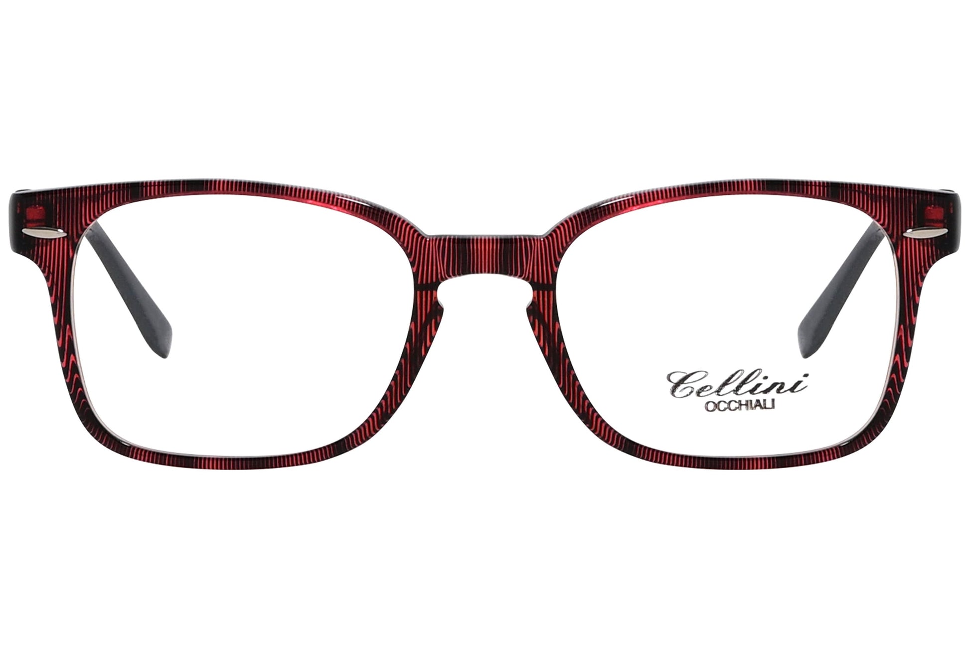 cellini square red eyeglasses frame viewed from front angle.